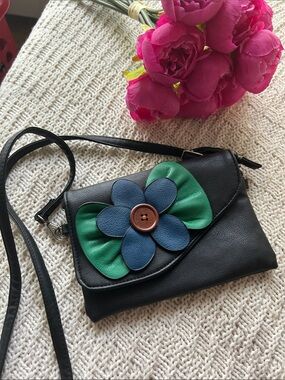 Saxx Black Crossbody with Blue Flower & Green Leaf Accent